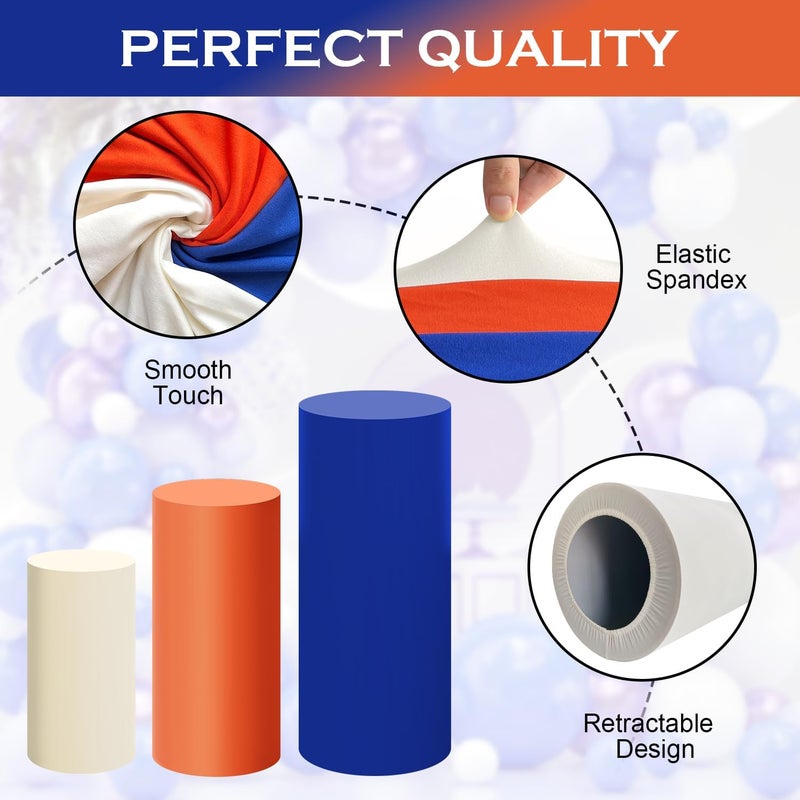SaitiMade Set of 3 Beige Orange Blue Cylinder Pedestal Stand Covers, 3pcs Spandex Mixed Colors Cylinder Stand Covers for Party, Wedding or Birthday Event Decor (Only Contains Colorful Cylinder Covers) - Image 3